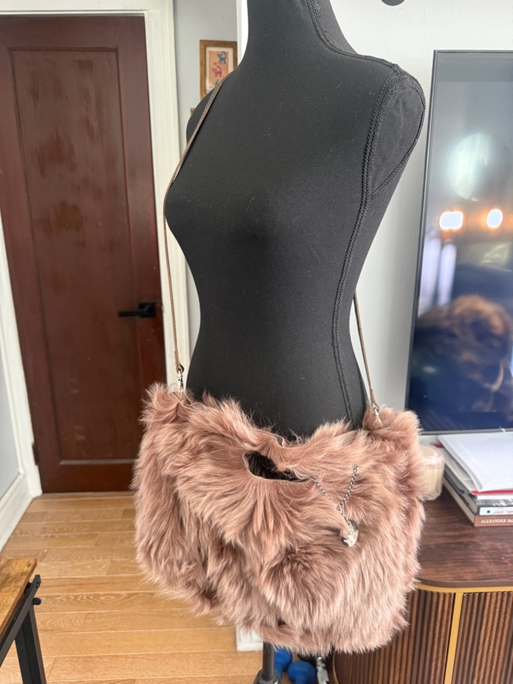 Plush Faux Fur Shoulder Bag in Dusty Rose - Women Bags